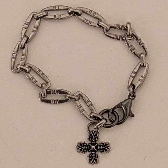 Affliction Style Celtic Cross Charm Bracelet on Flat Stainless Steel Chain - Picture 2 of 2